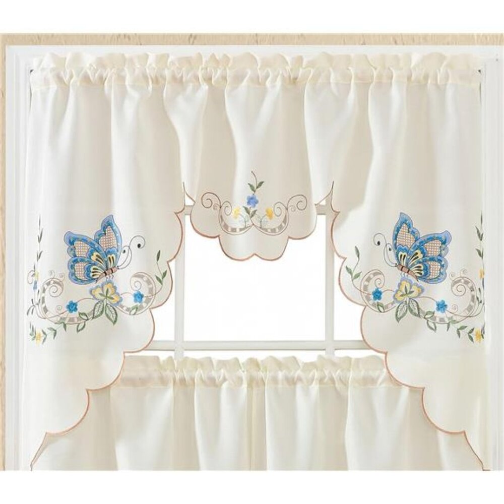 Dancing Butterfly. 3pcs Multi-Color Embroidery Cafe Curtain/Swag & Tiers Set